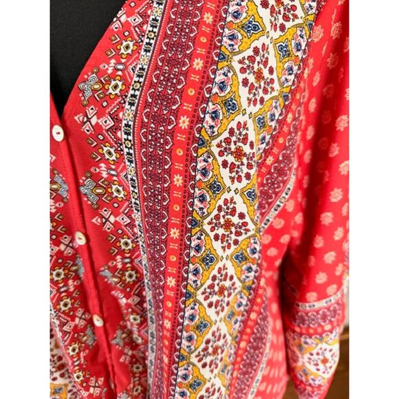 West Kei Red Boho Print Button-Front Top – Size L - Picture 3 of 7